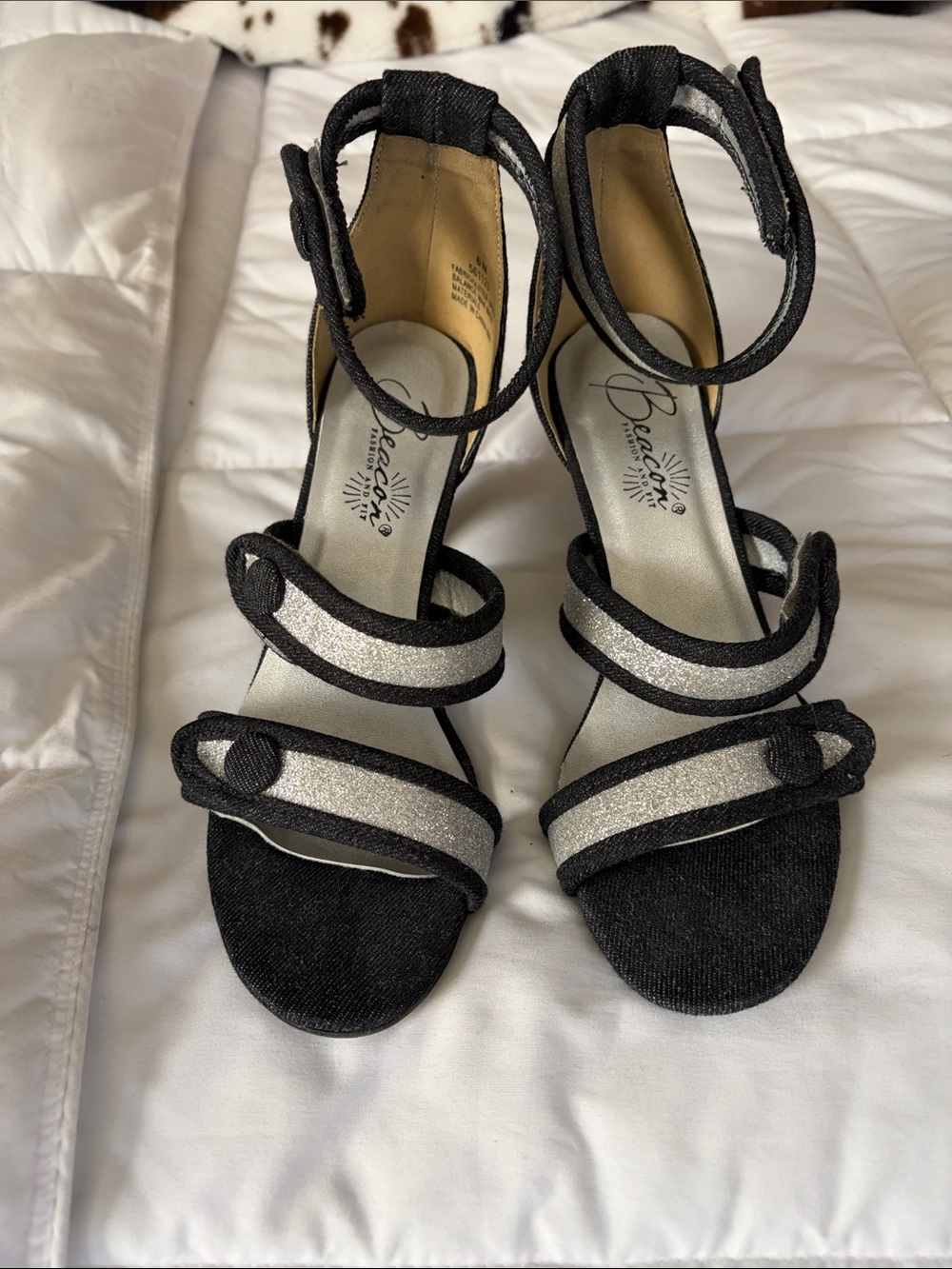 BECCA Black and Silver Glitter Strappy Heels